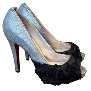 Christian Louboutin Heels Zebra Print Rose Floral Silver Black Women’s EU 37